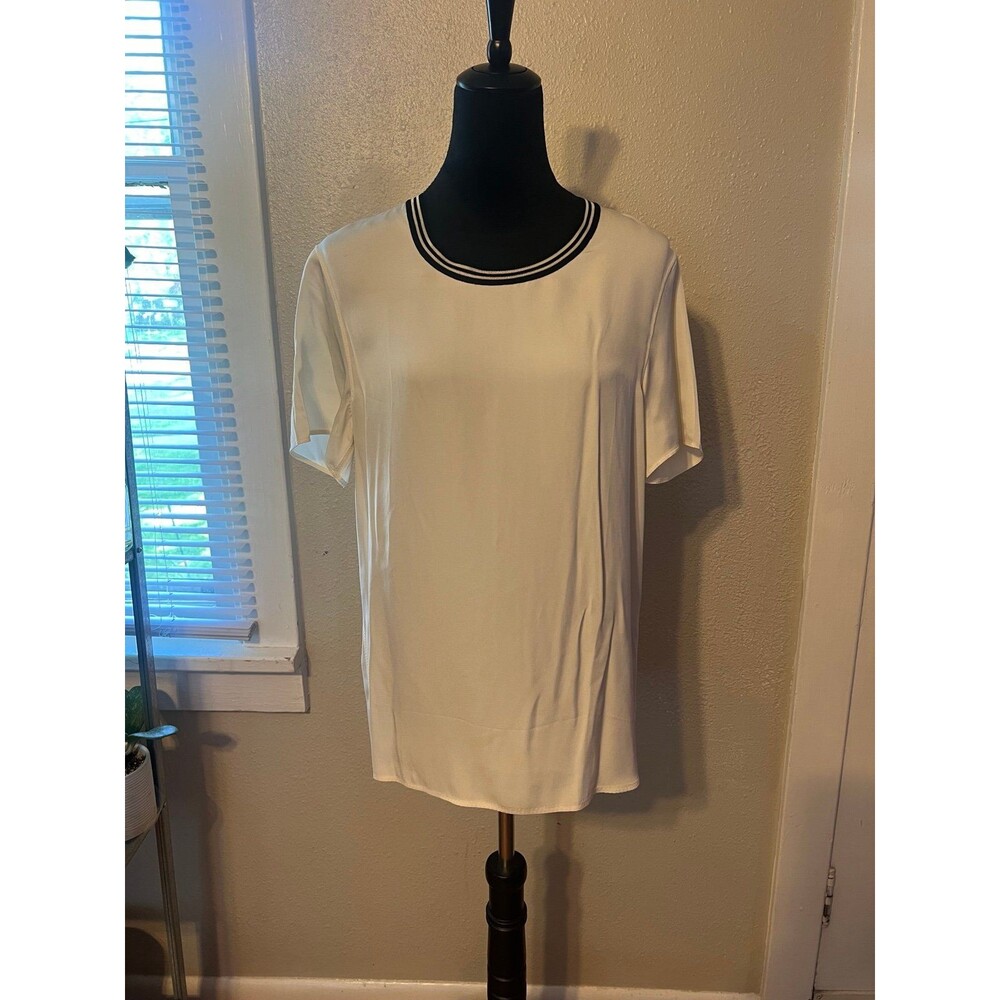 rag & bone White Short Sleeve Blouse with Black Trim